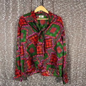 Helga Geometric Long Sleeve Silky‎ Blouse Top W/ Tie